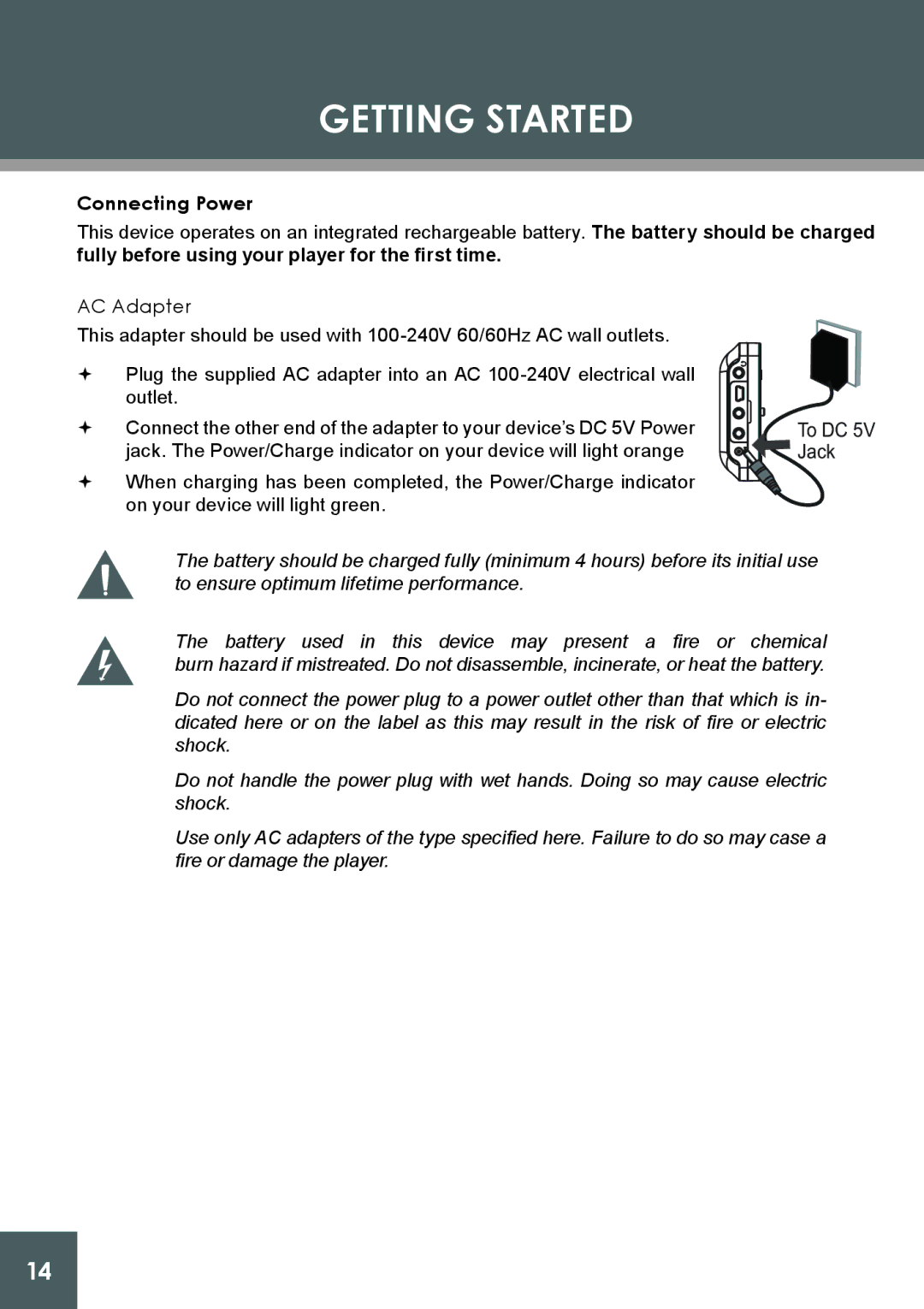 COBY electronic PMP4320 instruction manual Connecting Power, AC Adapter 