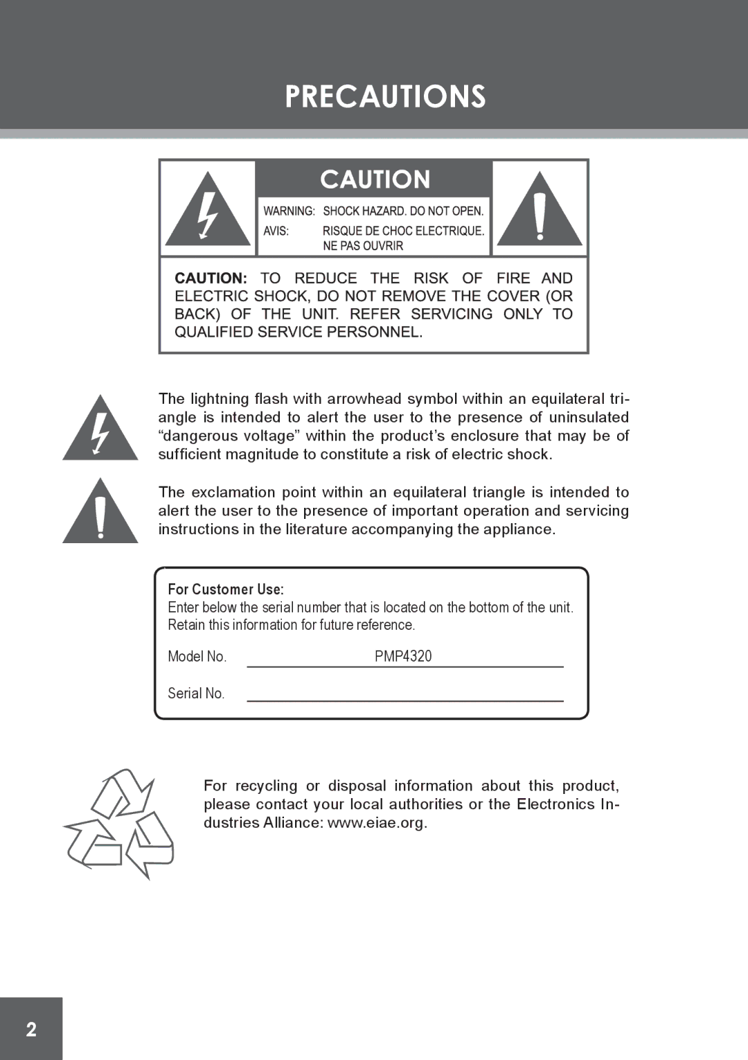 COBY electronic PMP4320 instruction manual Precautions, For Customer Use 