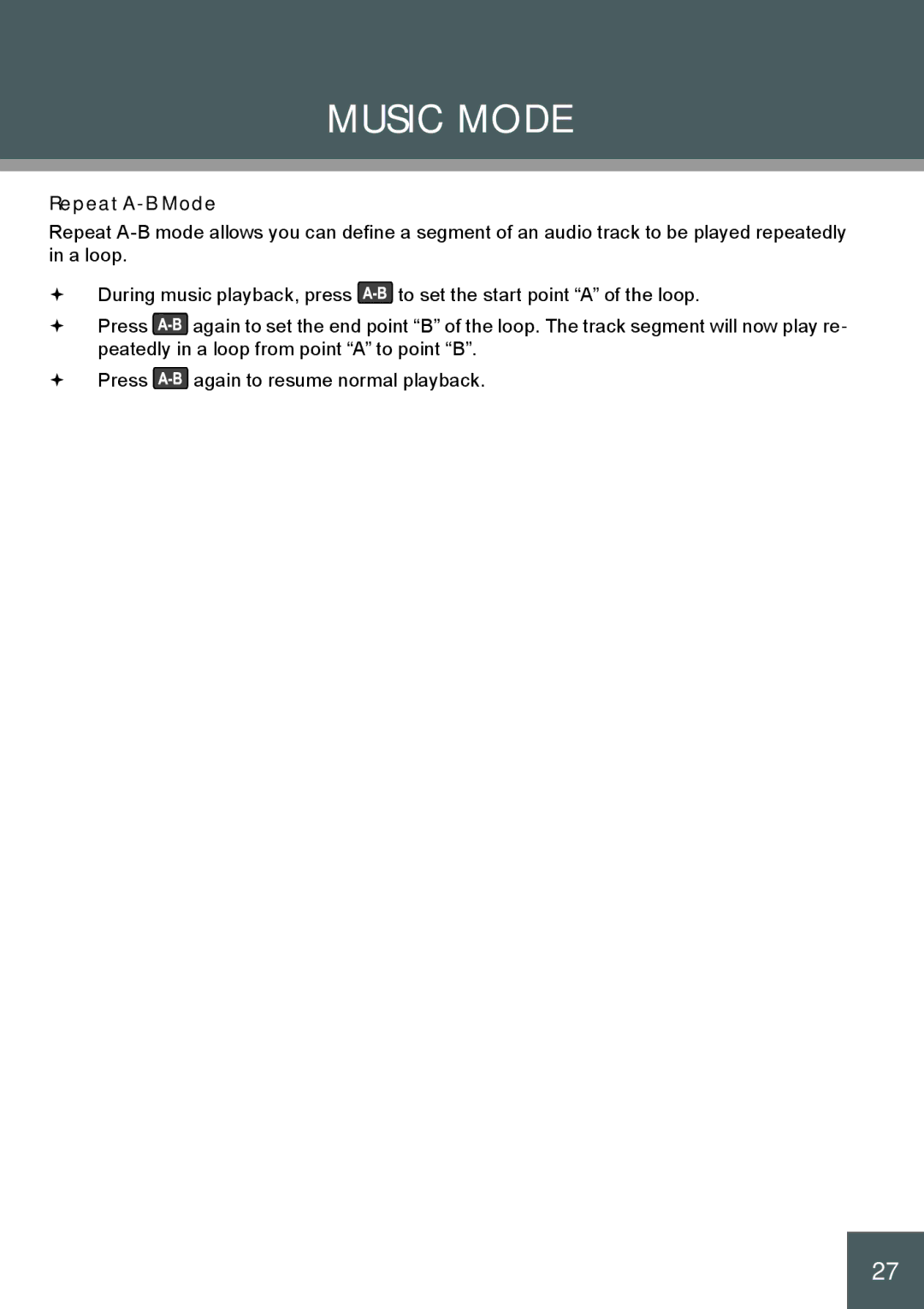 COBY electronic PMP4320 instruction manual Repeat A-B Mode 