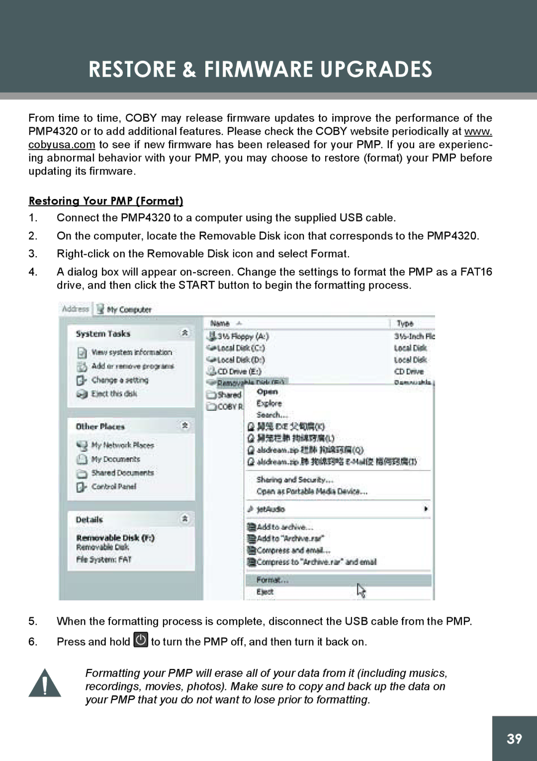 COBY electronic PMP4320 instruction manual Restore & Firmware Upgrades, Restoring Your PMP Format 