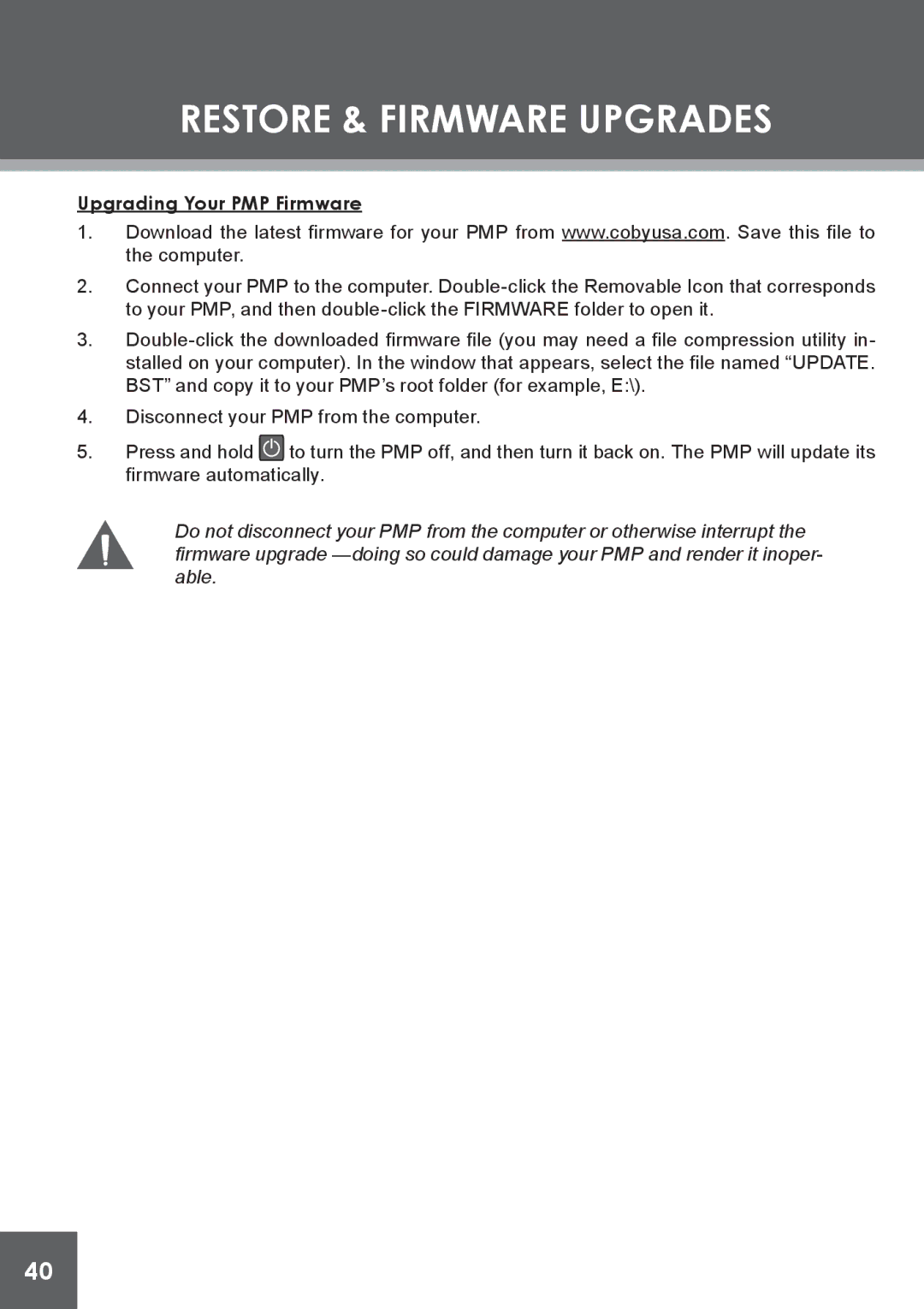 COBY electronic PMP4320 instruction manual Upgrading Your PMP Firmware 