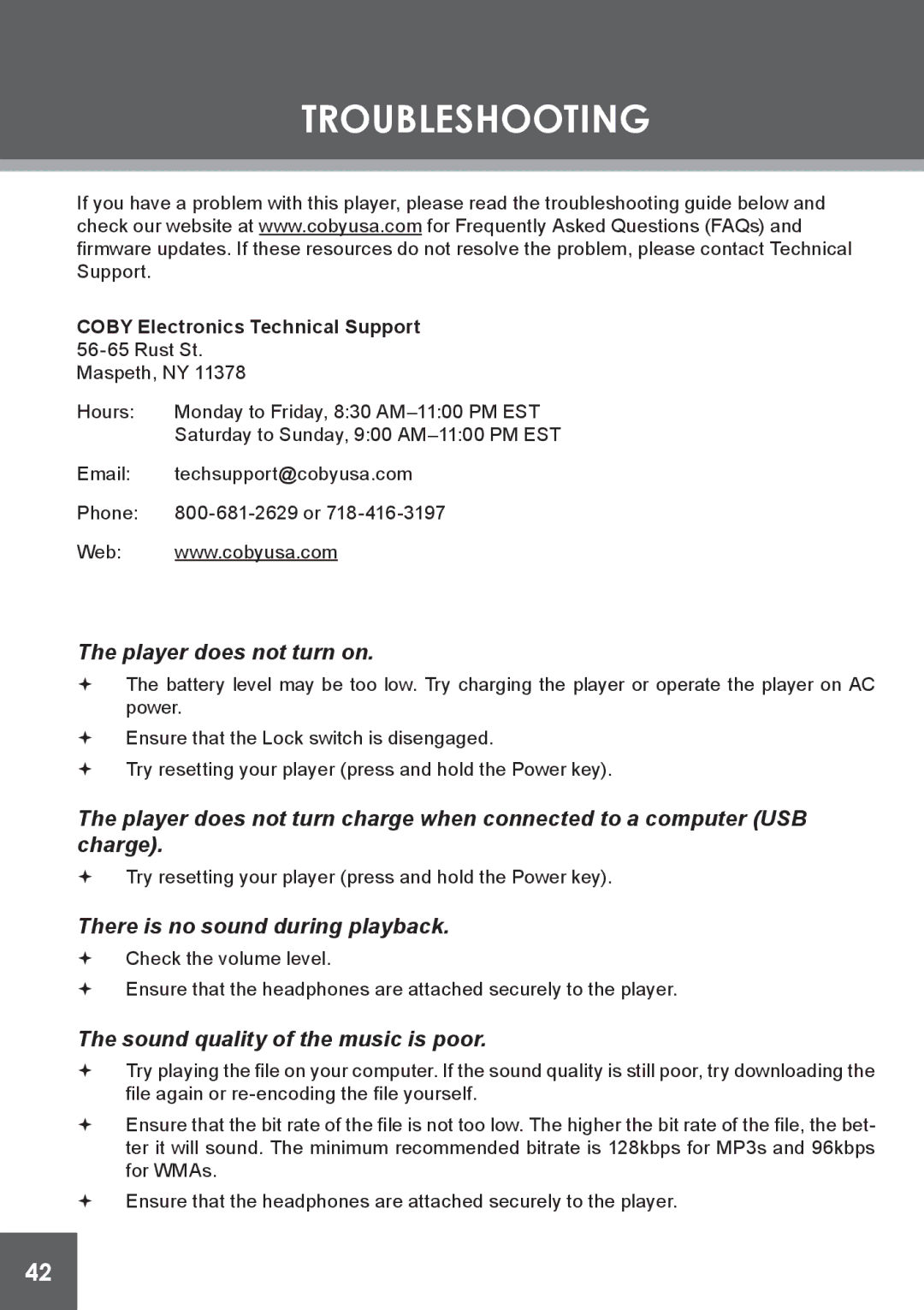 COBY electronic PMP4320 instruction manual Troubleshooting, Coby Electronics Technical Support 