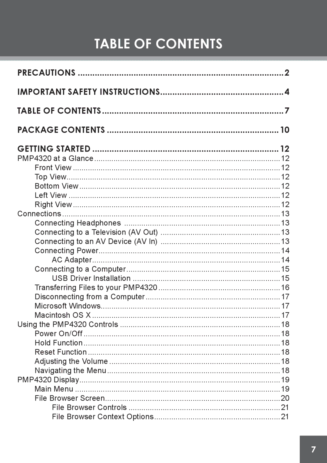 COBY electronic PMP4320 instruction manual Table of Contents 