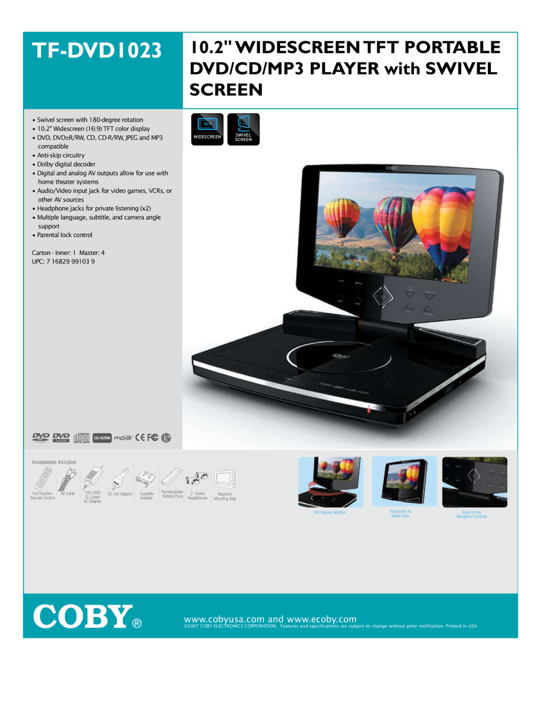 COBY electronic TF-DVD 1023 specifications Screen, Accessories Included, Full Function 