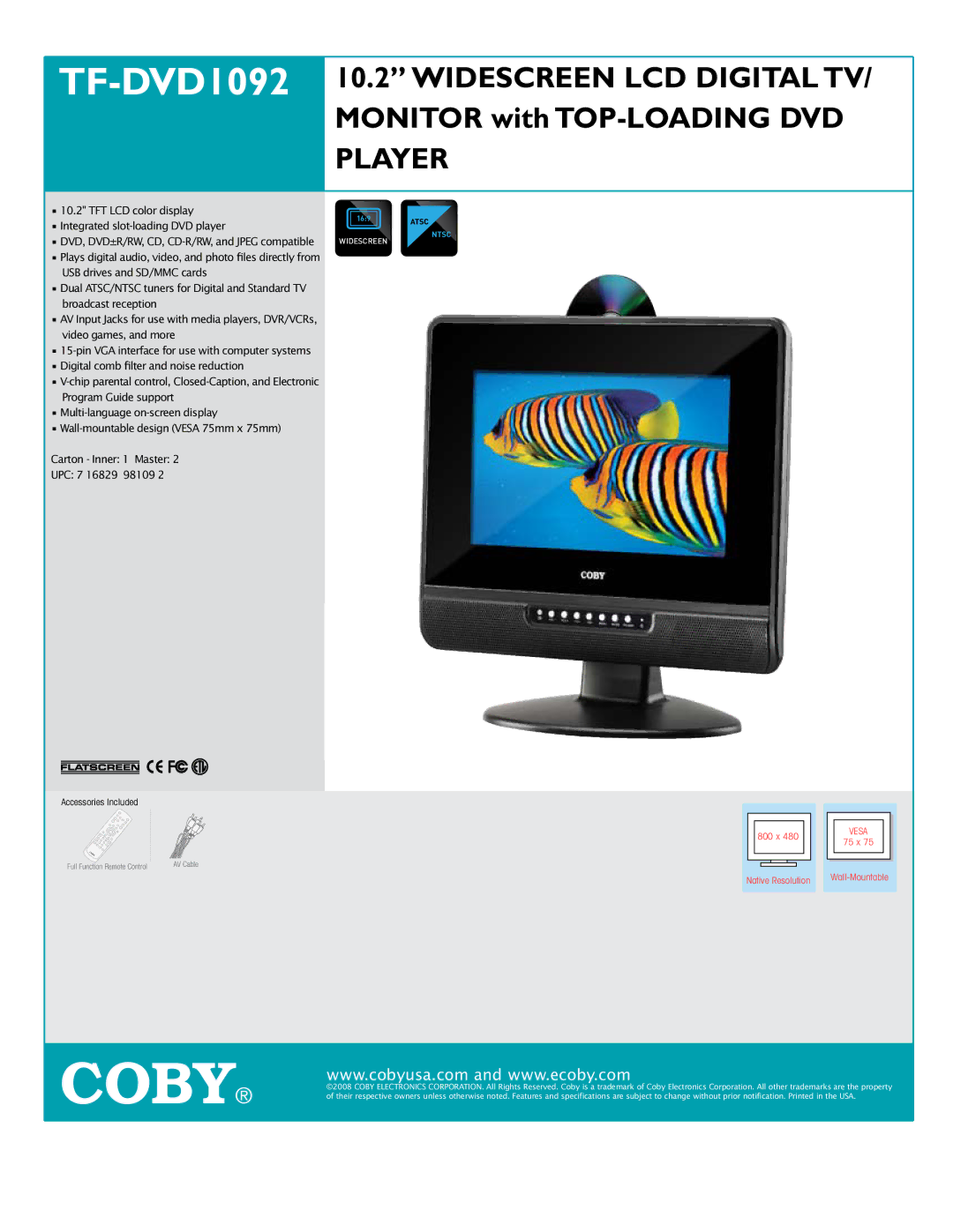 COBY electronic TF-DVD1092 specifications Coby, Player, Broadcast reception 