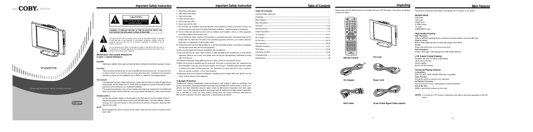 COBY electronic TF-DVD1770 specifications Important Safety Instruction, Unpacking, Main Features, Table of Contents 