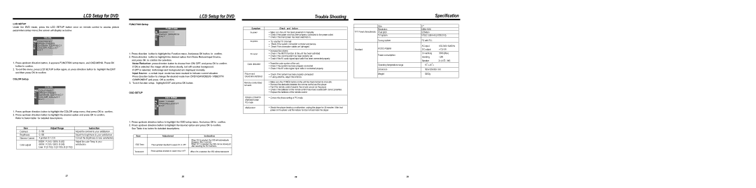 COBY electronic TF-DVD1770 specifications LCD Setup for DVD, Trouble Shooting, Specification, Adjust Range Instruction 