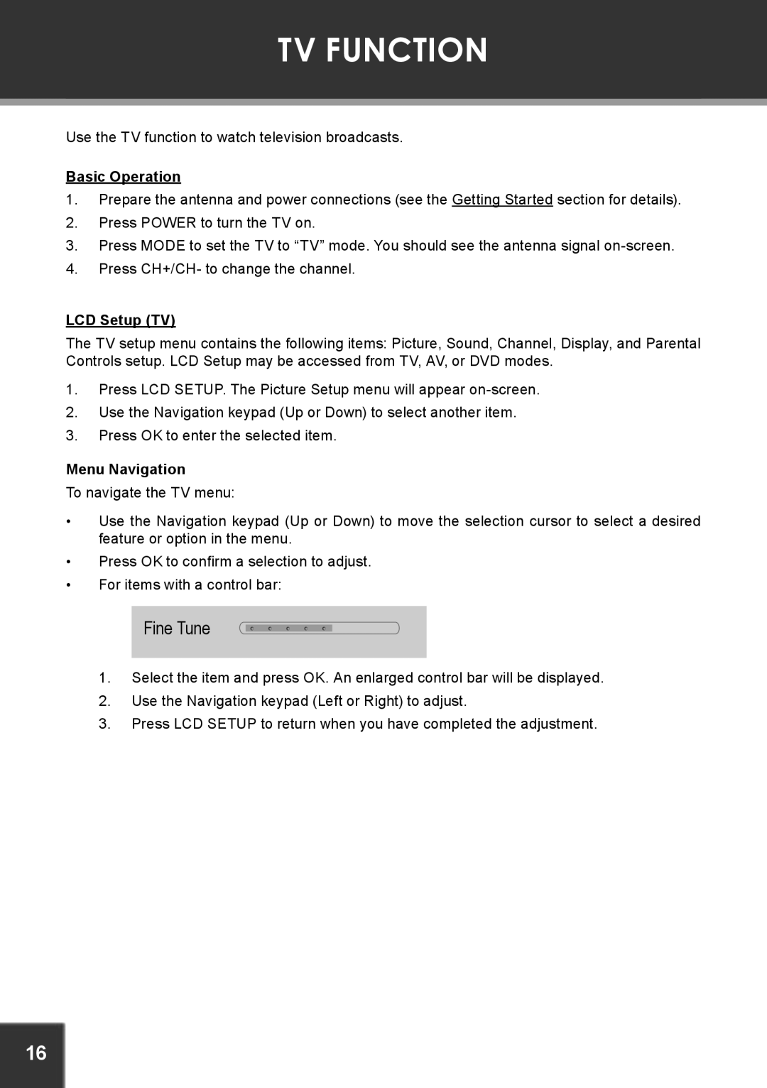 COBY electronic TF-DVD1971 instruction manual TV Function, Basic Operation, LCD Setup TV, Menu Navigation 