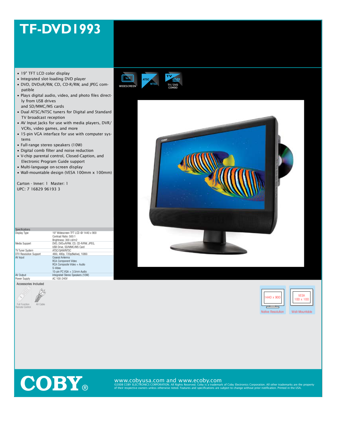COBY electronic TF-DVD1993 specifications Coby, with SLOT-LOADING DVD PLAYER, 19WIDESCREEN LCD HDTV/MONITOR 