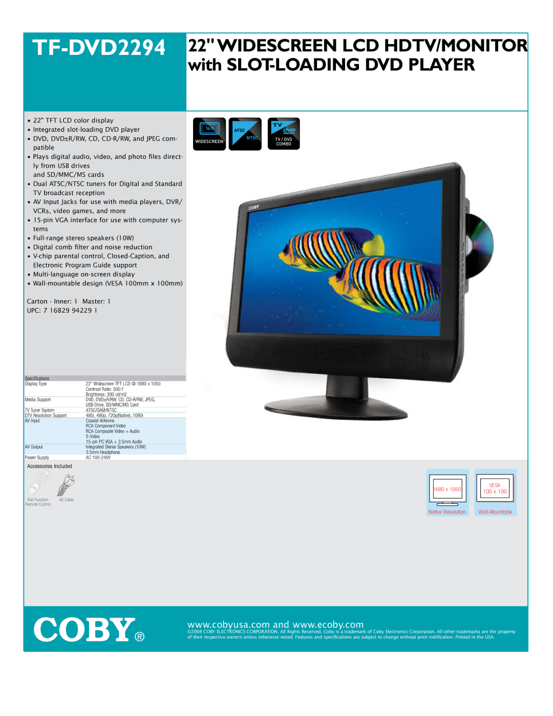COBY electronic TF-DVD2294 specifications Coby, With SLOT-LOADING DVD Player, Atsc, Ntsc 