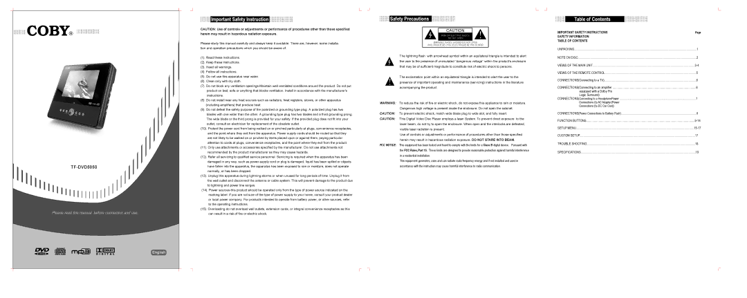 COBY electronic TF-DVD5050 important safety instructions Important Safety Instruction, Safety Precautions 