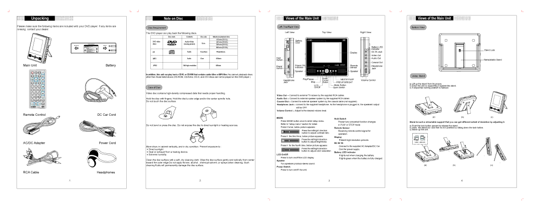 COBY electronic TF-DVD5050 important safety instructions Unpacking, Views of the Main Unit 