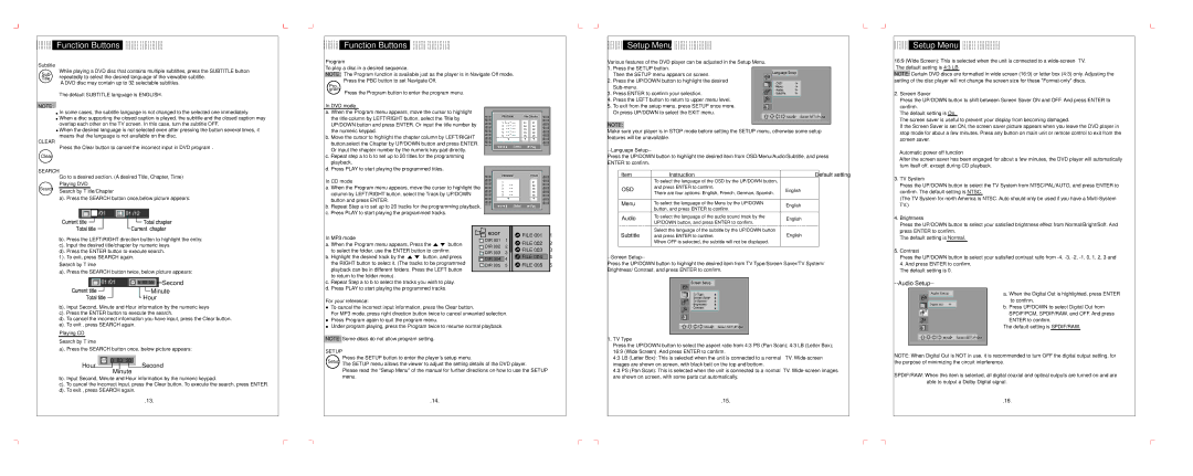 COBY electronic TF-DVD5050 important safety instructions Setup Menu, Osd, Audio, Second 