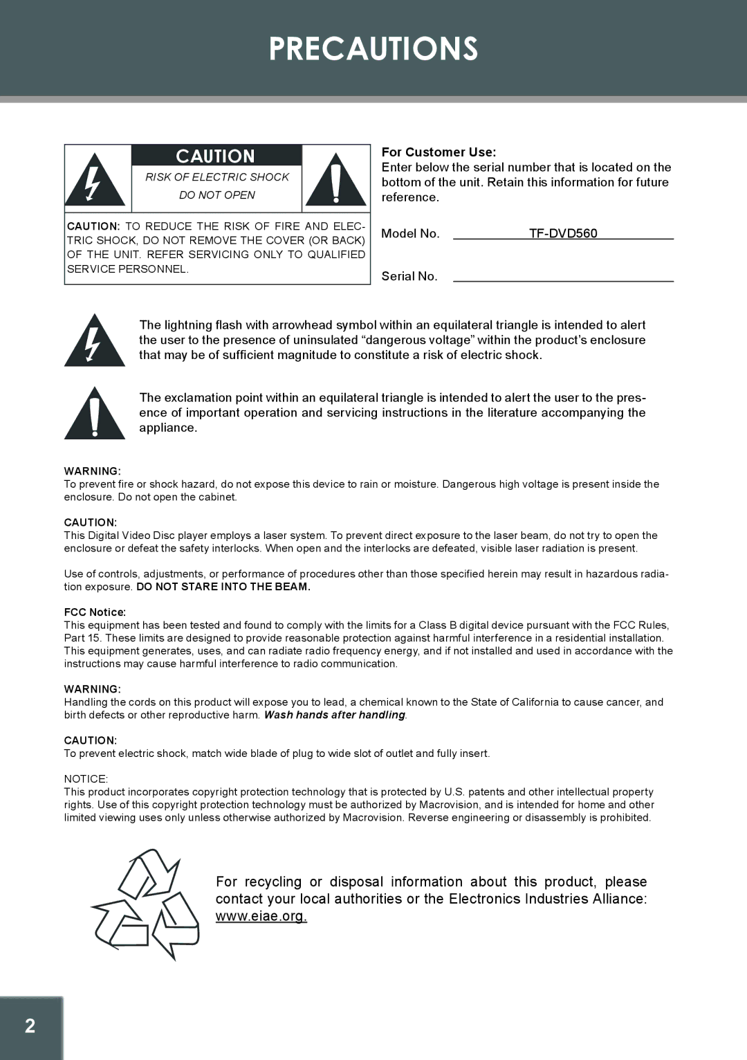 COBY electronic TF-DVD560 instruction manual Precautions, For Customer Use 