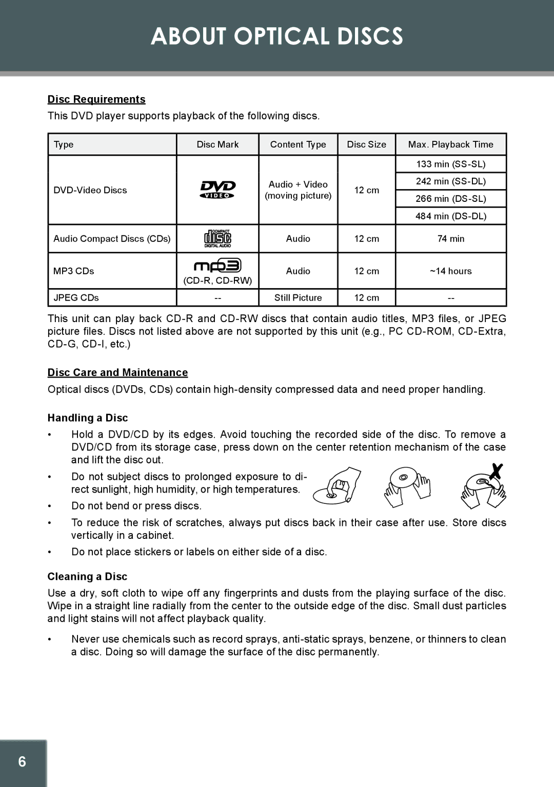 COBY electronic TF-DVD560 About Optical Discs, Disc Requirements, Disc Care and Maintenance, Handling a Disc 