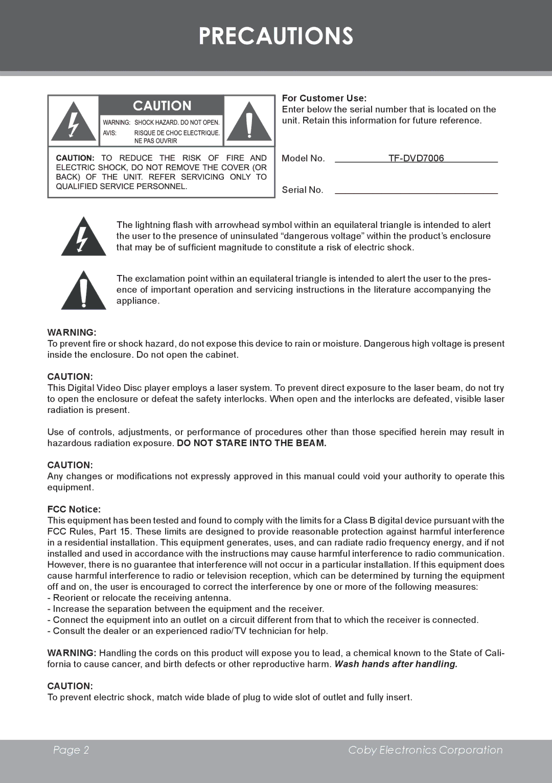 COBY electronic TF-DVD7006 instruction manual Precautions, For Customer Use 