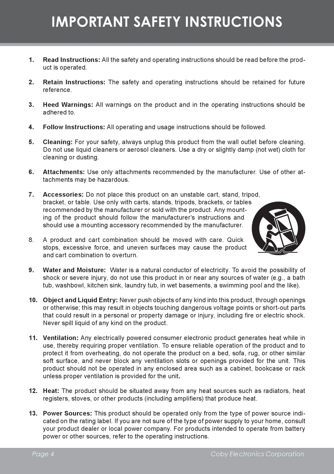 COBY electronic TF-DVD7006 instruction manual Important Safety Instructions 