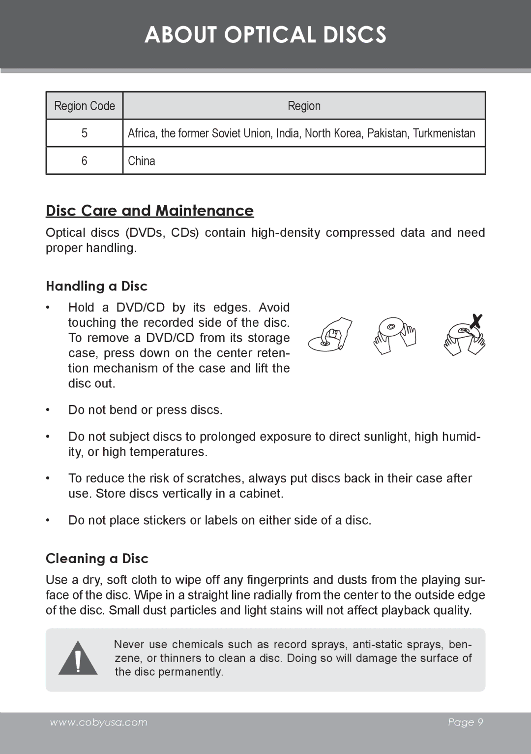 COBY electronic TF-DVD7006 instruction manual Disc Care and Maintenance, Handling a Disc, Cleaning a Disc 