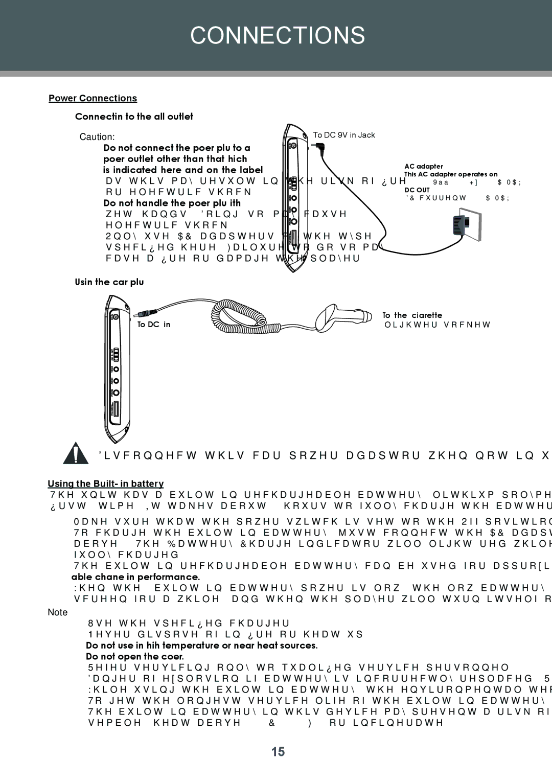 COBY electronic TF-DVD7008 instruction manual Power Connections, Using the Built- in battery 