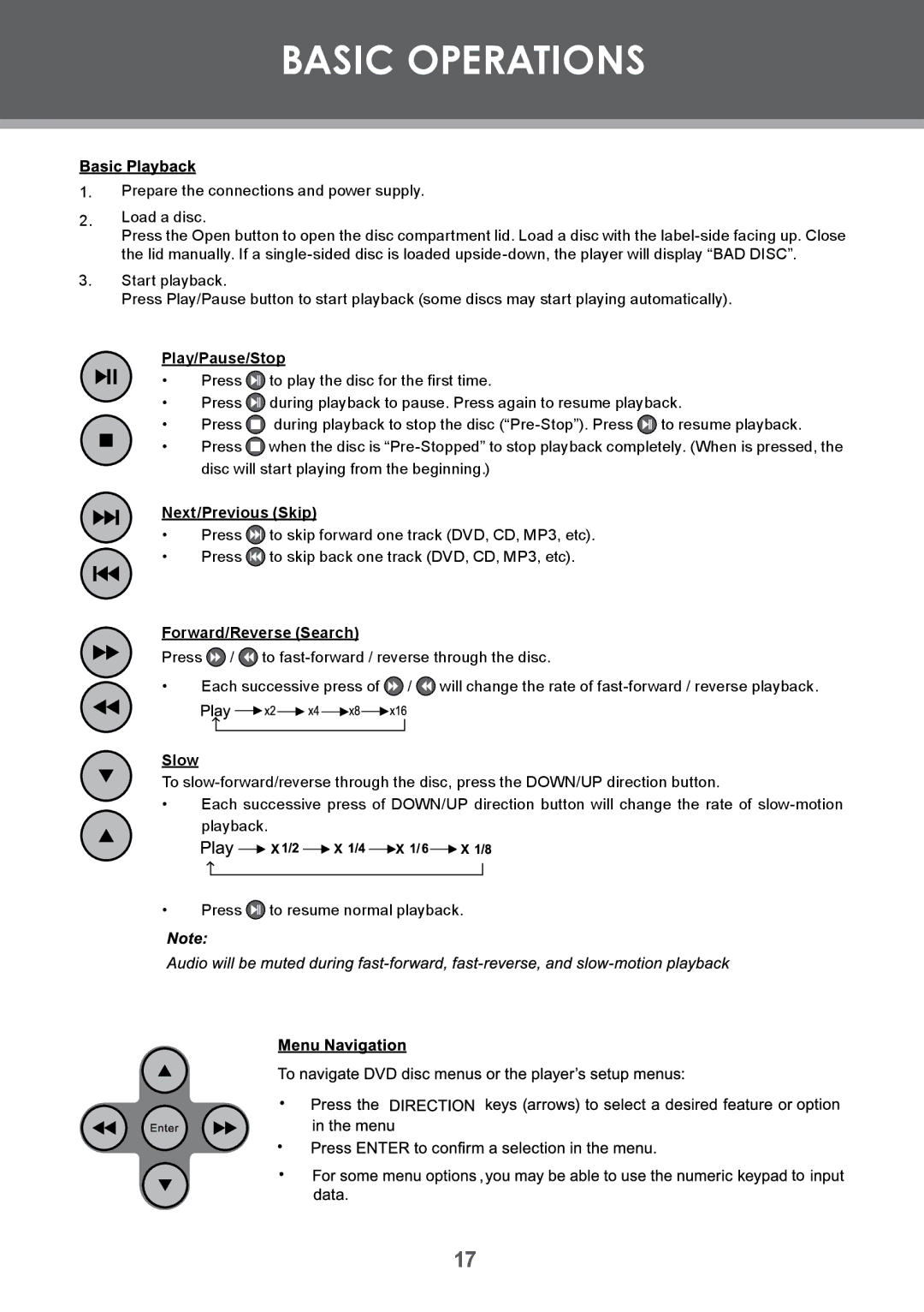 COBY electronic TF-DVD7009 Basic Operations, Play/Pause/Stop, Next/Previous Skip, Forward/Reverse Search, Slow 