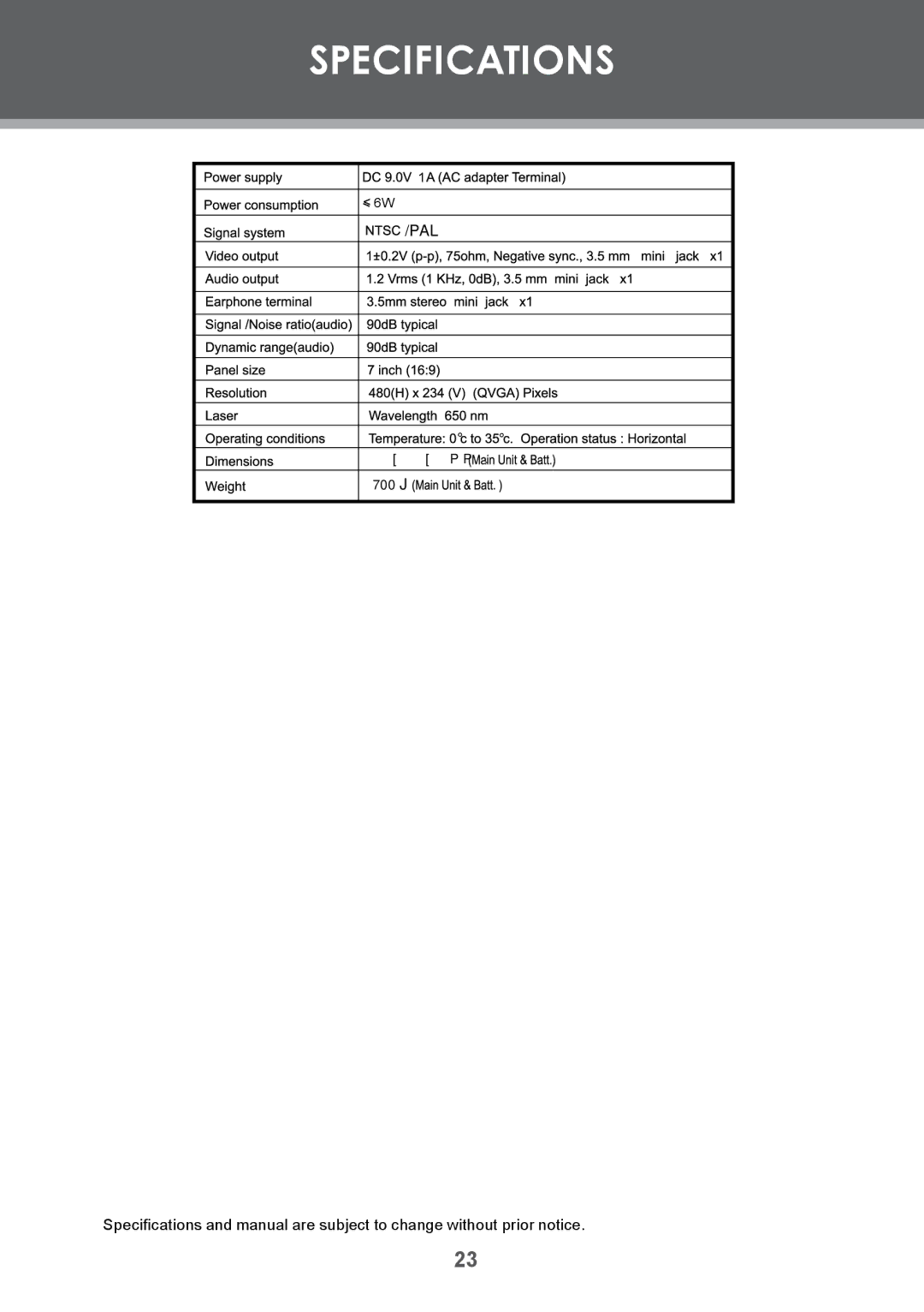 COBY electronic TF-DVD7009 instruction manual Specifications 