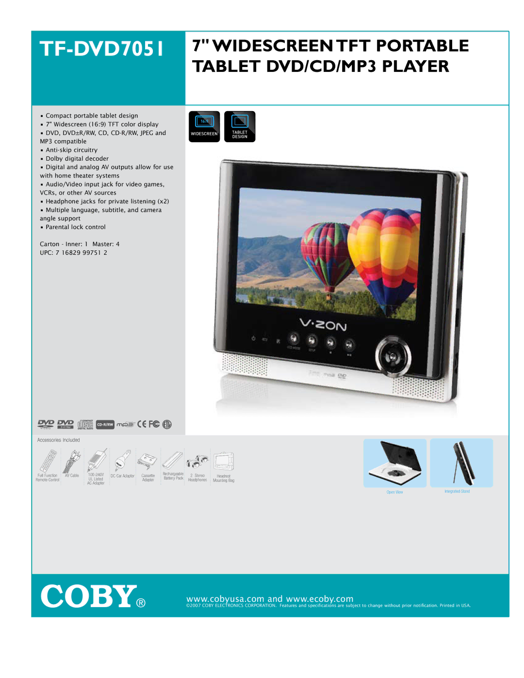 COBY electronic TF-DVD7051 specifications Accessories Included, Full Function 