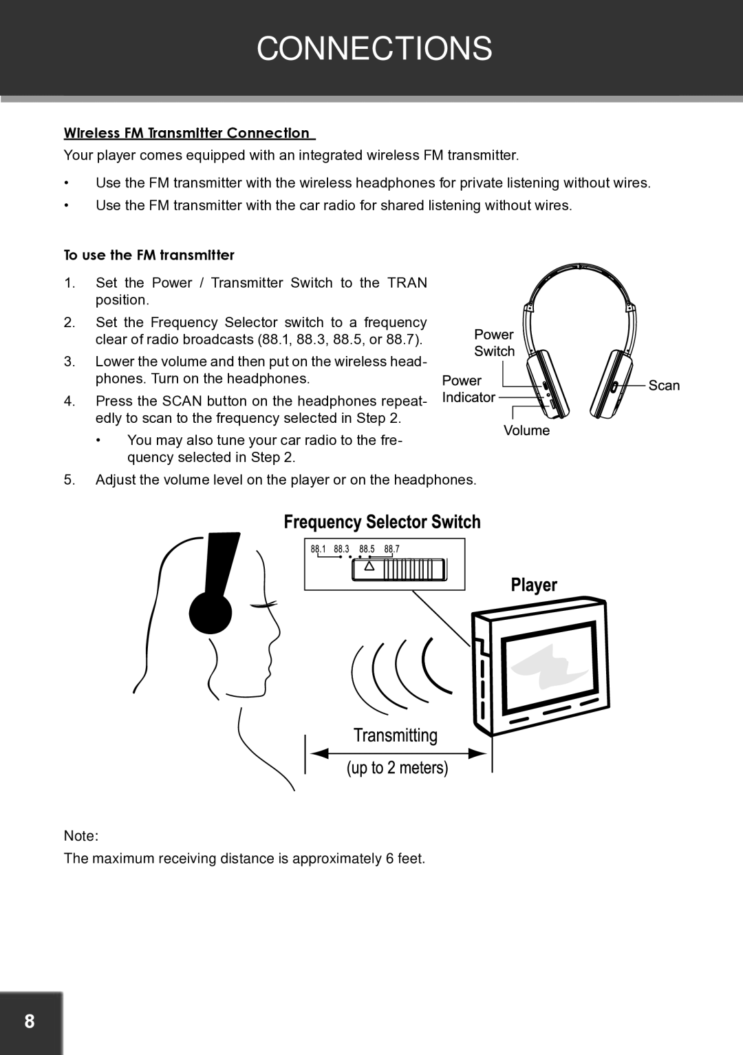 COBY electronic TF-DVD7060 instruction manual Wireless FM Transmitter Connection, To use the FM transmitter 