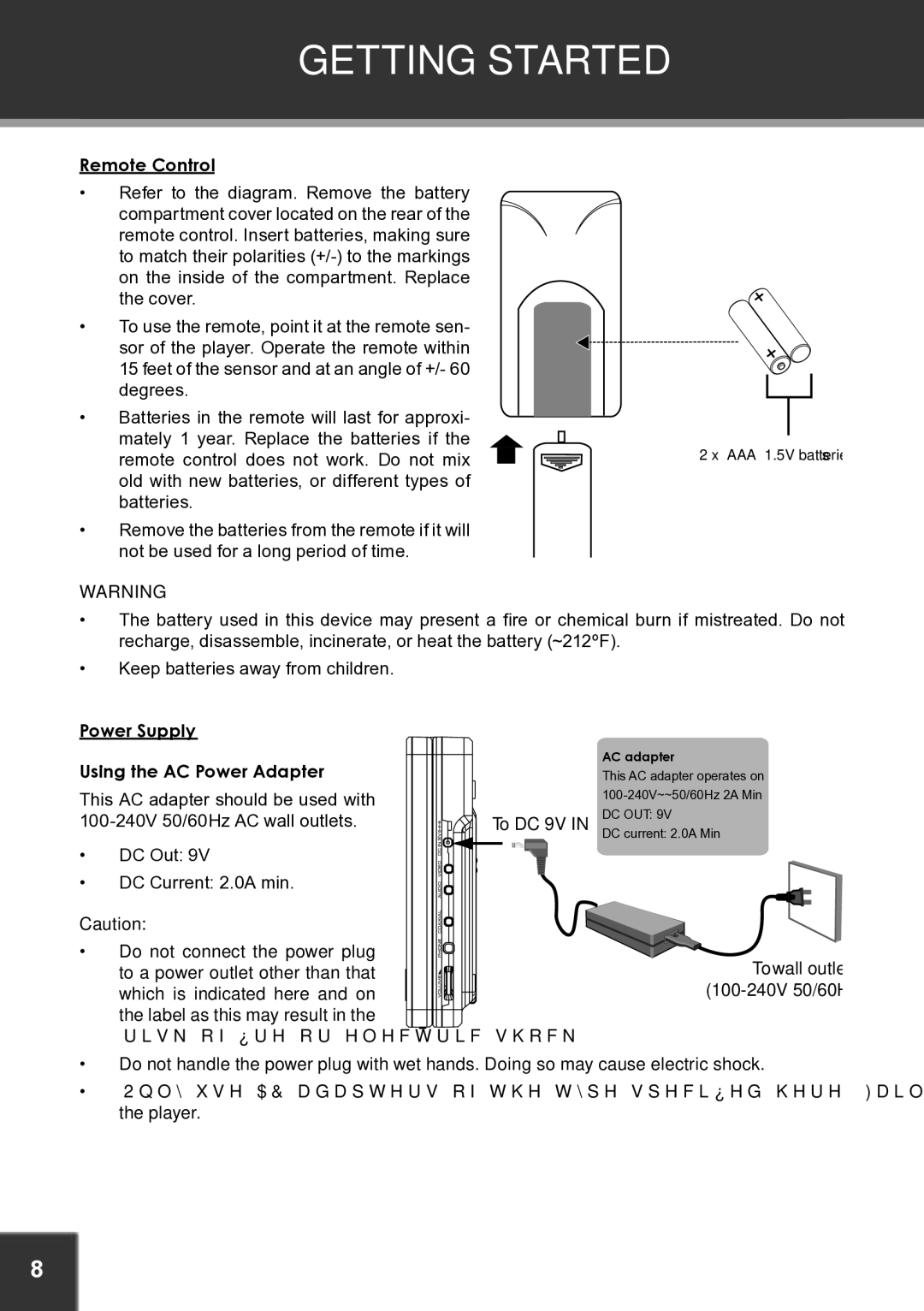 COBY electronic TF-DVD7060 instruction manual Getting Started, Power Supply Using the AC Power Adapter 