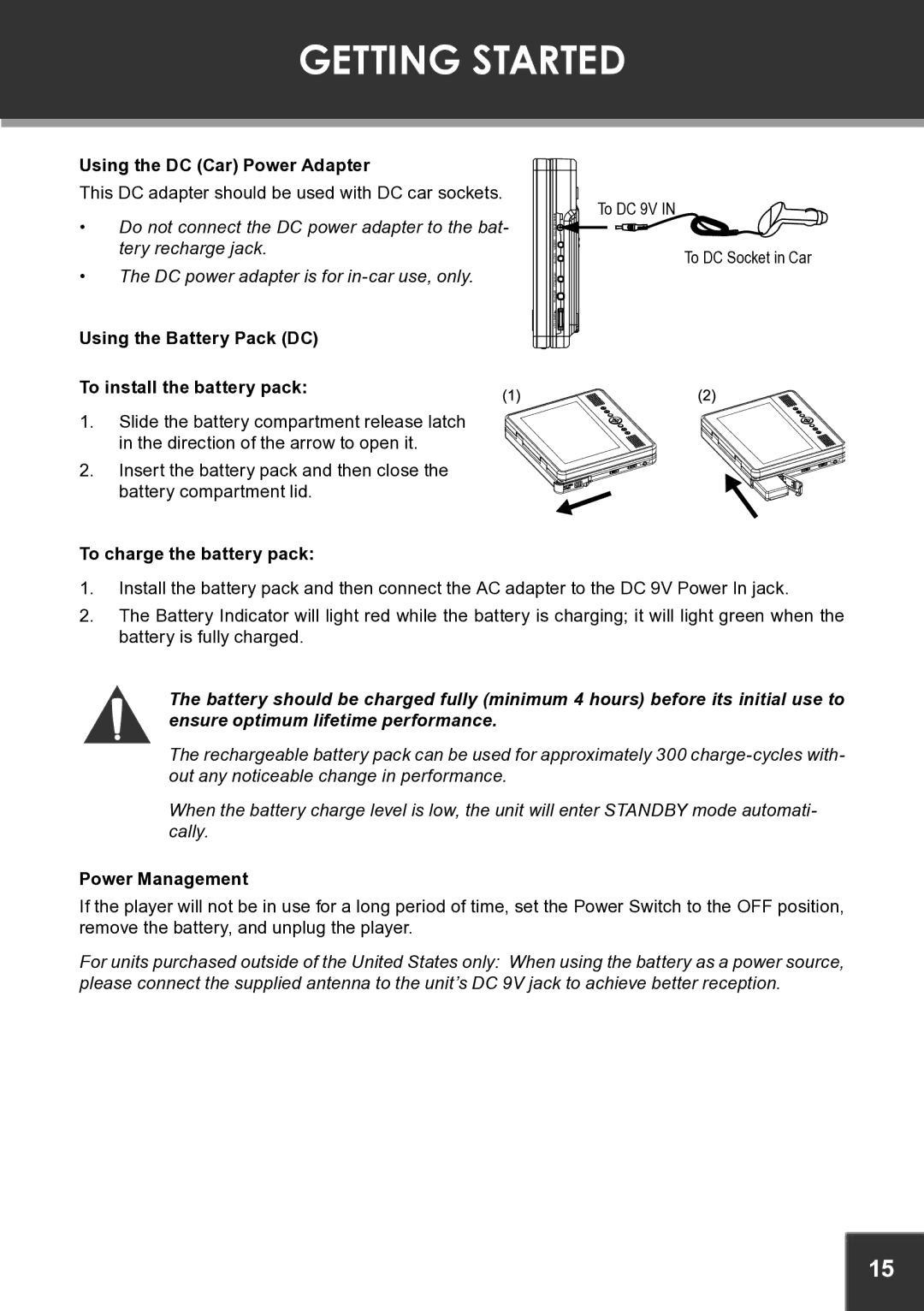 COBY electronic TF-DVD7060 Using the DC Car Power Adapter, Using the Battery Pack DC To install the battery pack 