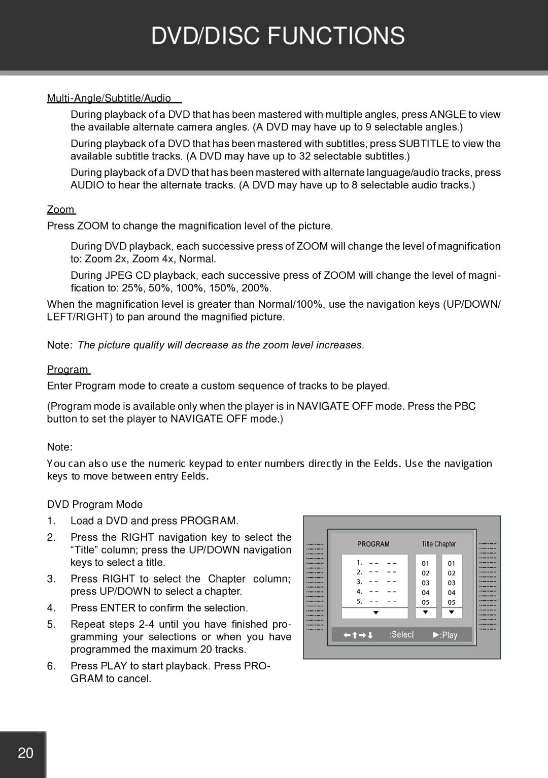 COBY electronic TF-DVD7060 instruction manual Multi-Angle/Subtitle/Audio, Zoom, DVD Program Mode 