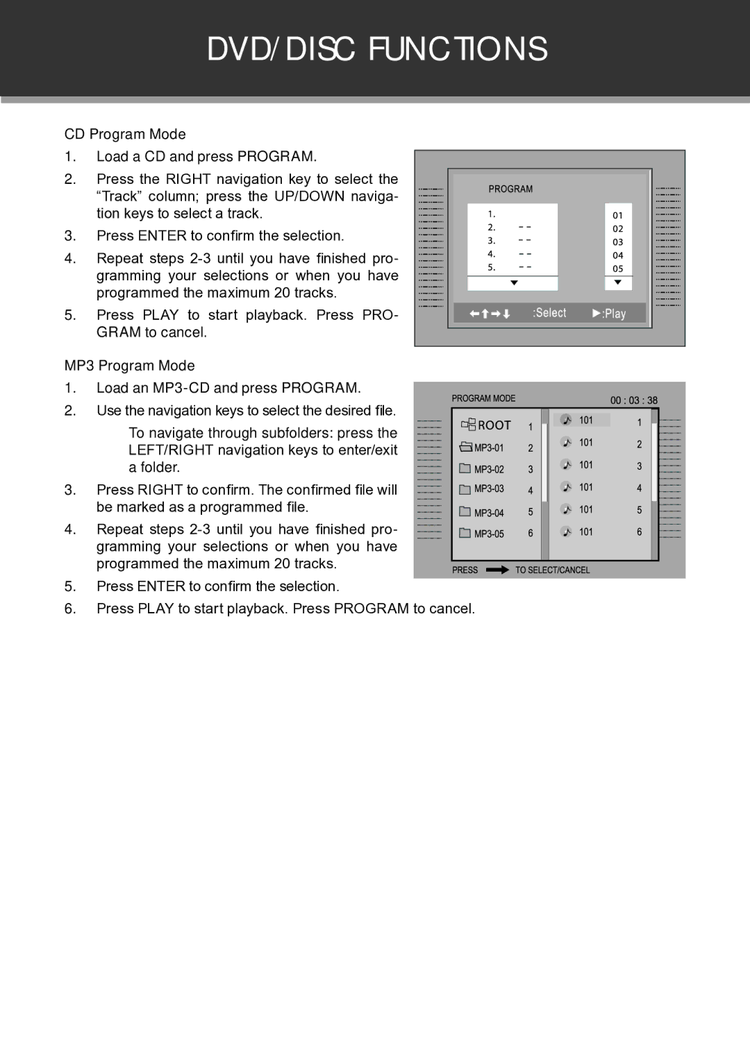 COBY electronic TF-DVD7060 instruction manual CD Program Mode, MP3 Program Mode 