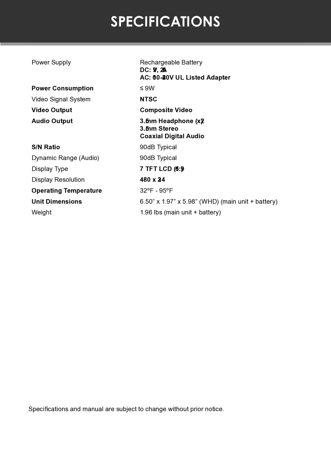 COBY electronic TF-DVD7060 instruction manual Specifications, Ntsc 