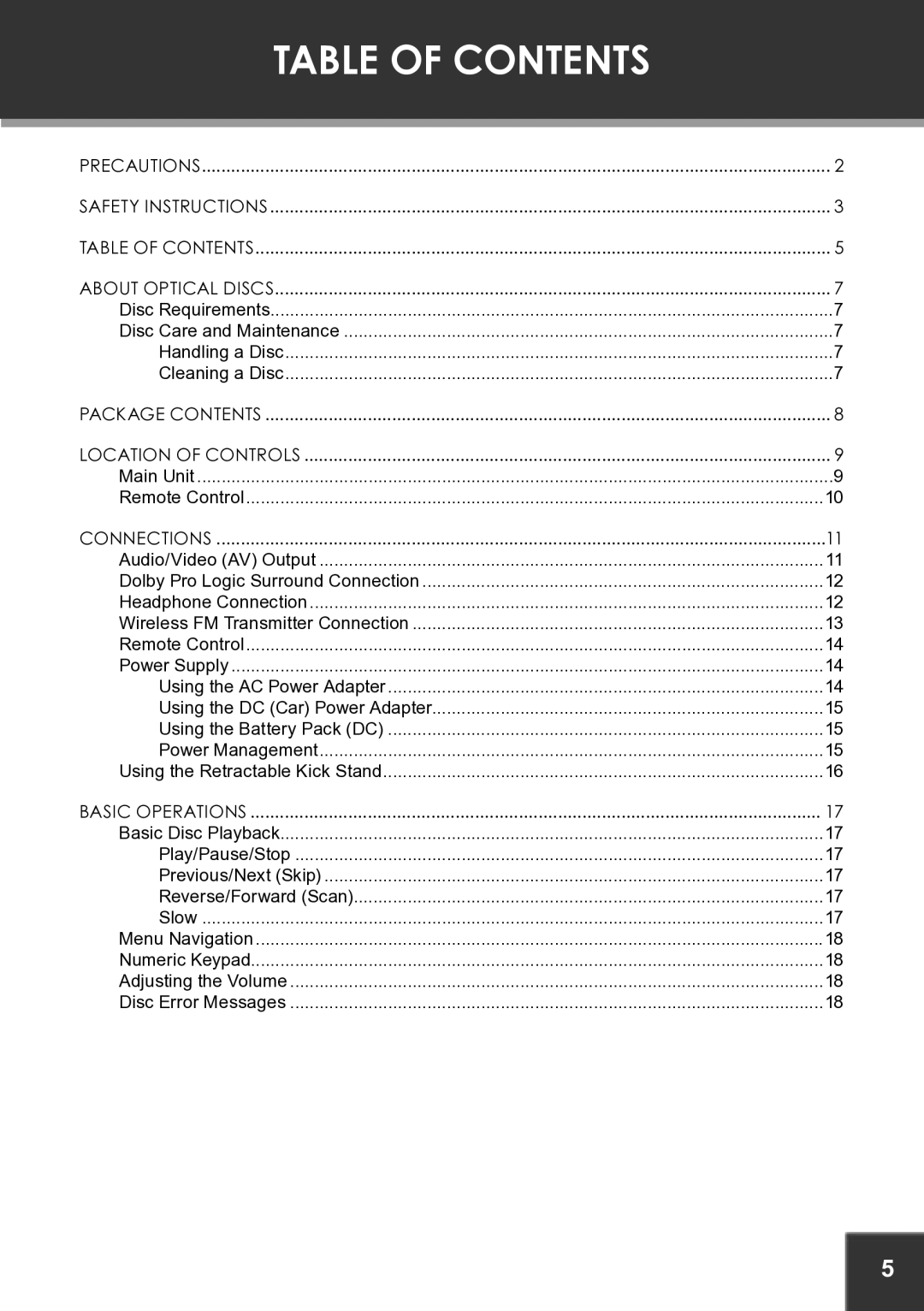 COBY electronic TF-DVD7060 instruction manual Table of Contents 