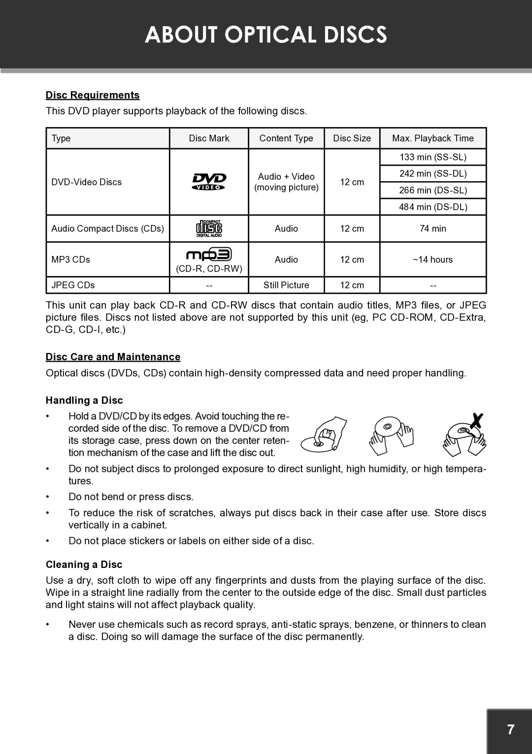 COBY electronic TF-DVD7060 About Optical Discs, Disc Requirements, Disc Care and Maintenance, Handling a Disc 