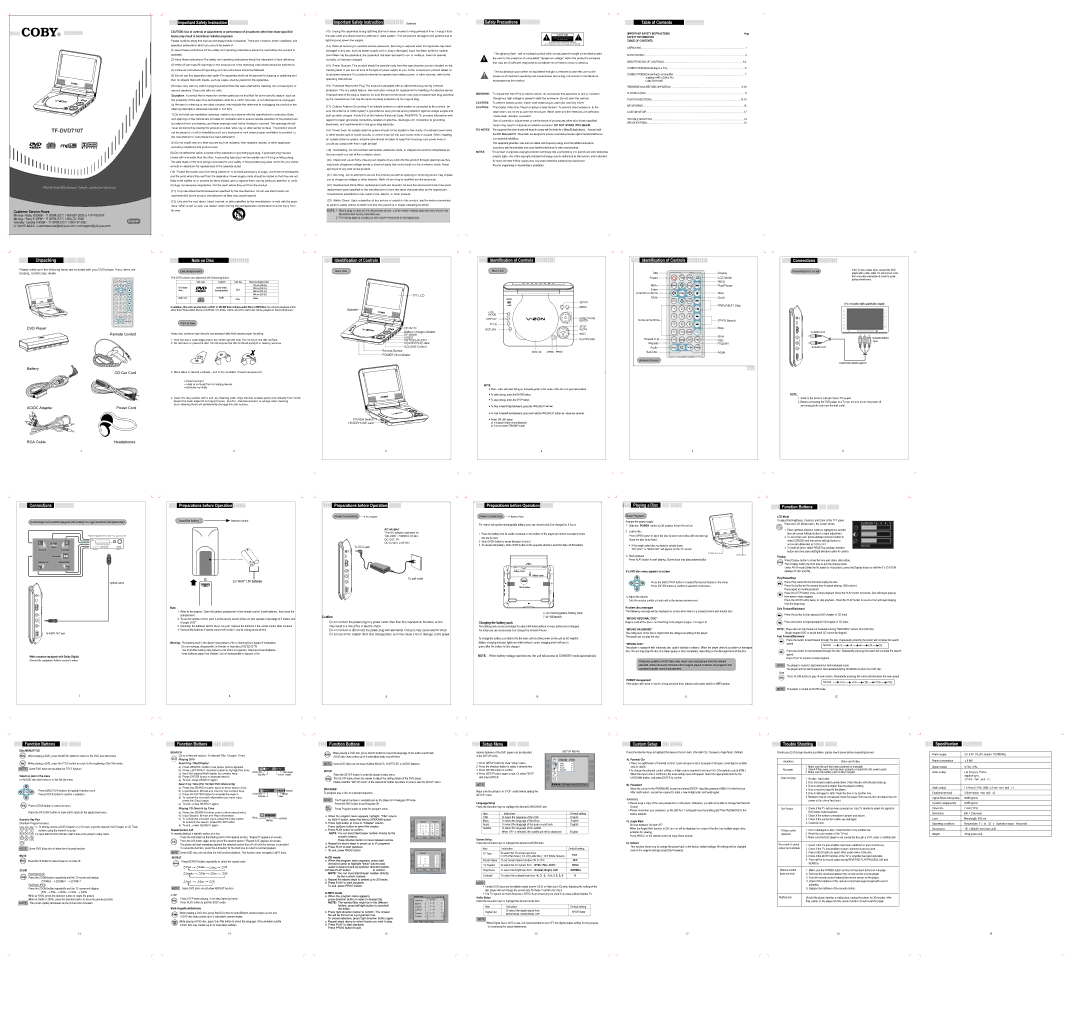 COBY electronic TF-DVD7107 operating instructions Important Safety Instruction, Safety Precautions, Table of Contents 