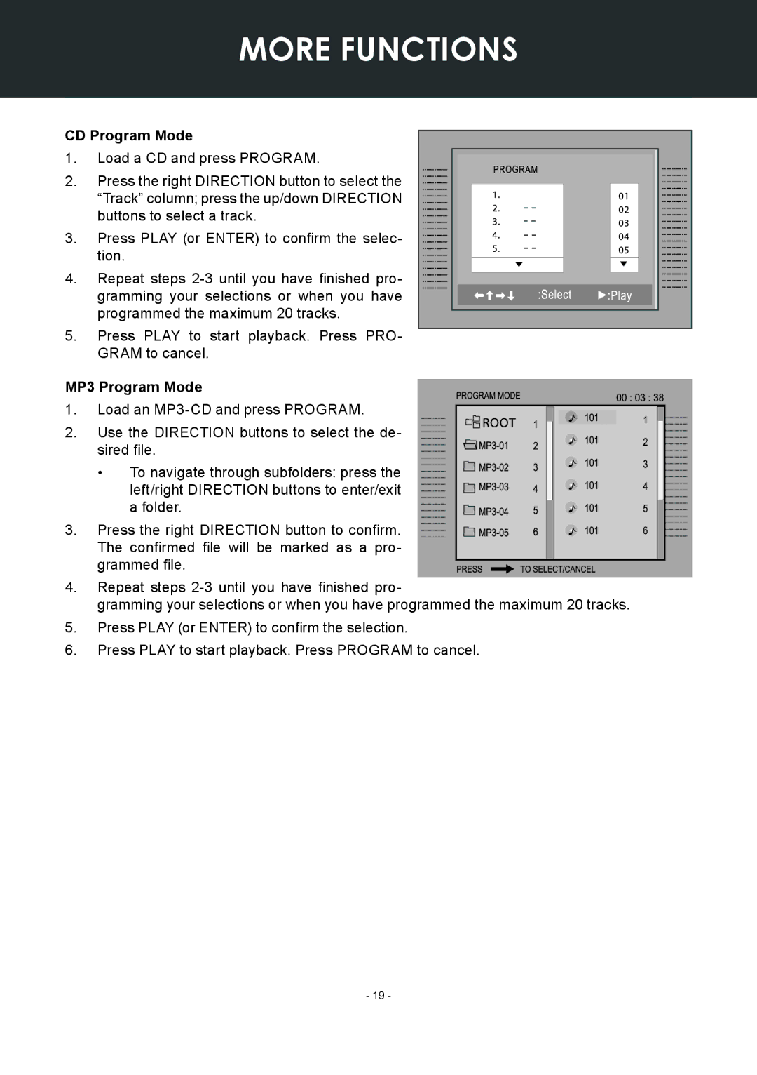 COBY electronic TF-DVD7307 instruction manual CD Program Mode, MP3 Program Mode 