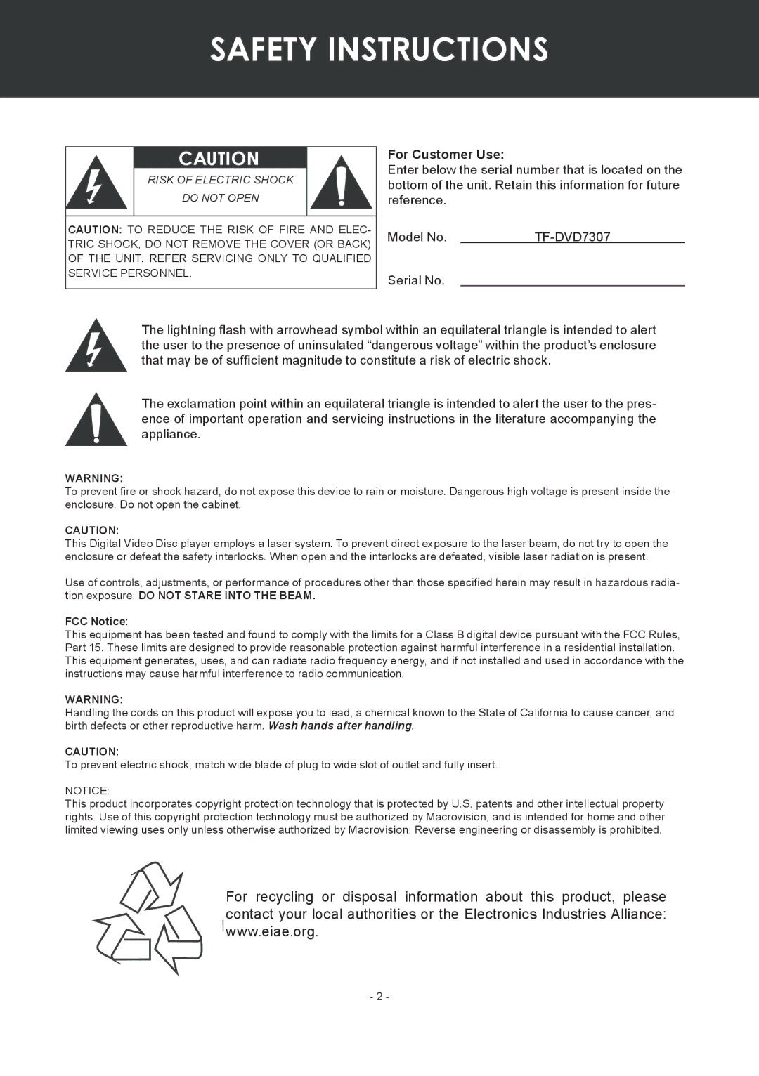 COBY electronic TF-DVD7307 instruction manual Safety Instructions, For Customer Use 