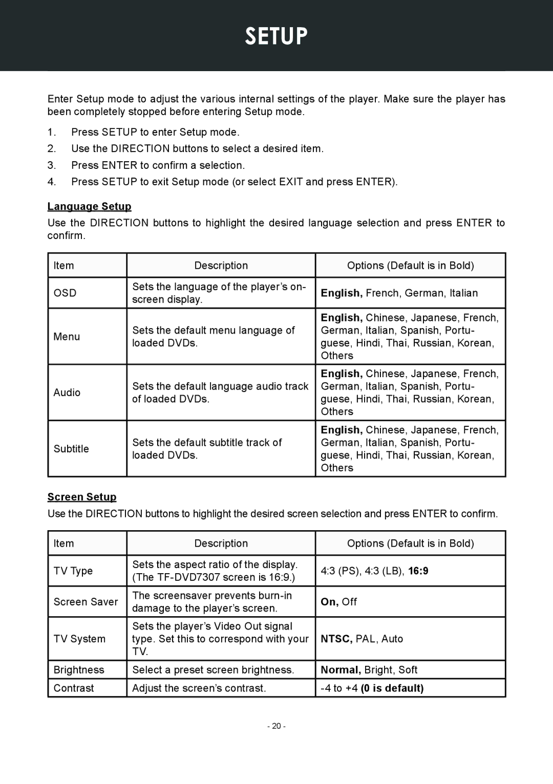 COBY electronic TF-DVD7307 instruction manual Language Setup, Screen Setup, On, Off, To +4 0 is default 