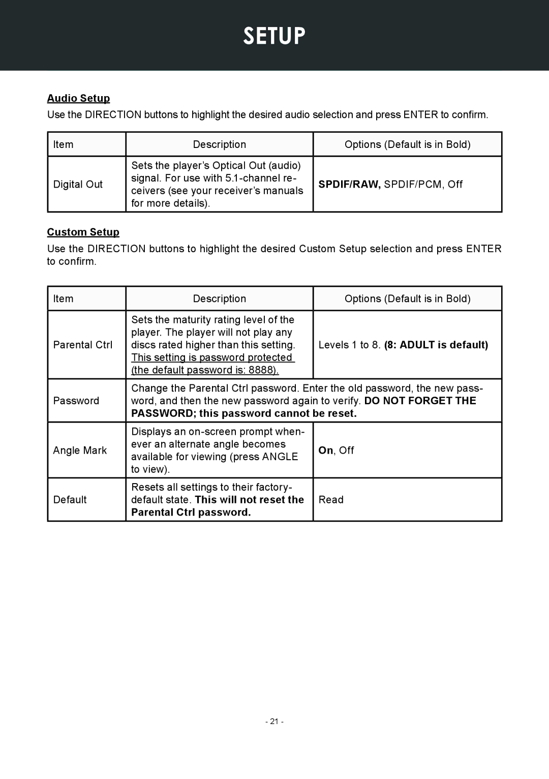 COBY electronic TF-DVD7307 Audio Setup, Custom Setup, Levels 1 to 8 Adult is default, Parental Ctrl password 