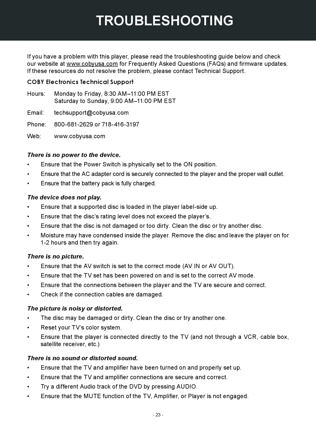 COBY electronic TF-DVD7307 instruction manual Troubleshooting, Coby Electronics Technical Support 