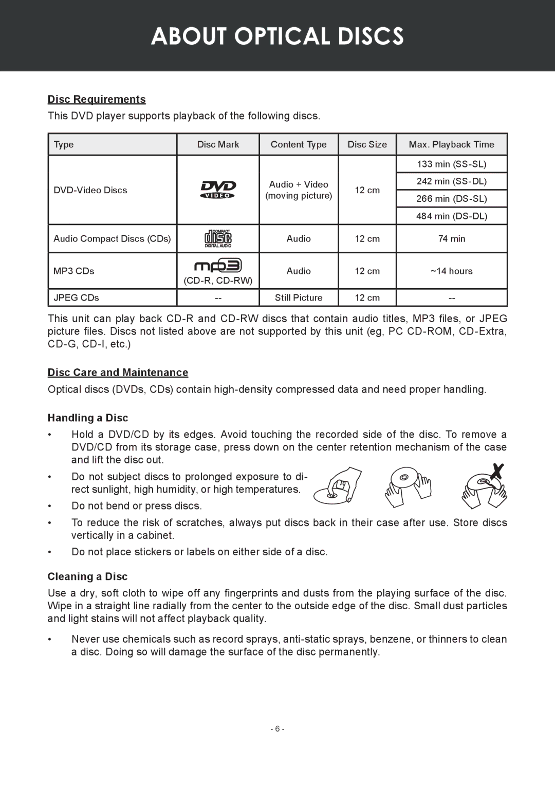 COBY electronic TF-DVD7307 About Optical Discs, Disc Requirements, Disc Care and Maintenance, Handling a Disc 