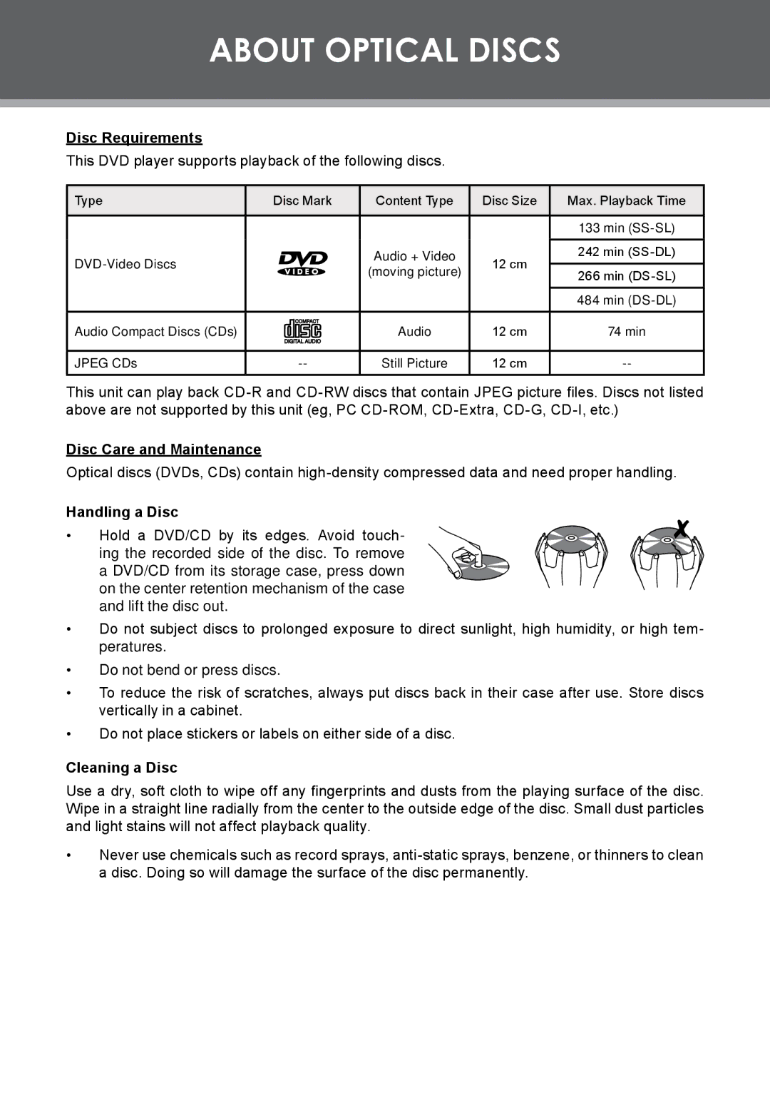 COBY electronic TF-DVD7309 instruction manual About Optical Discs, Disc Requirements 