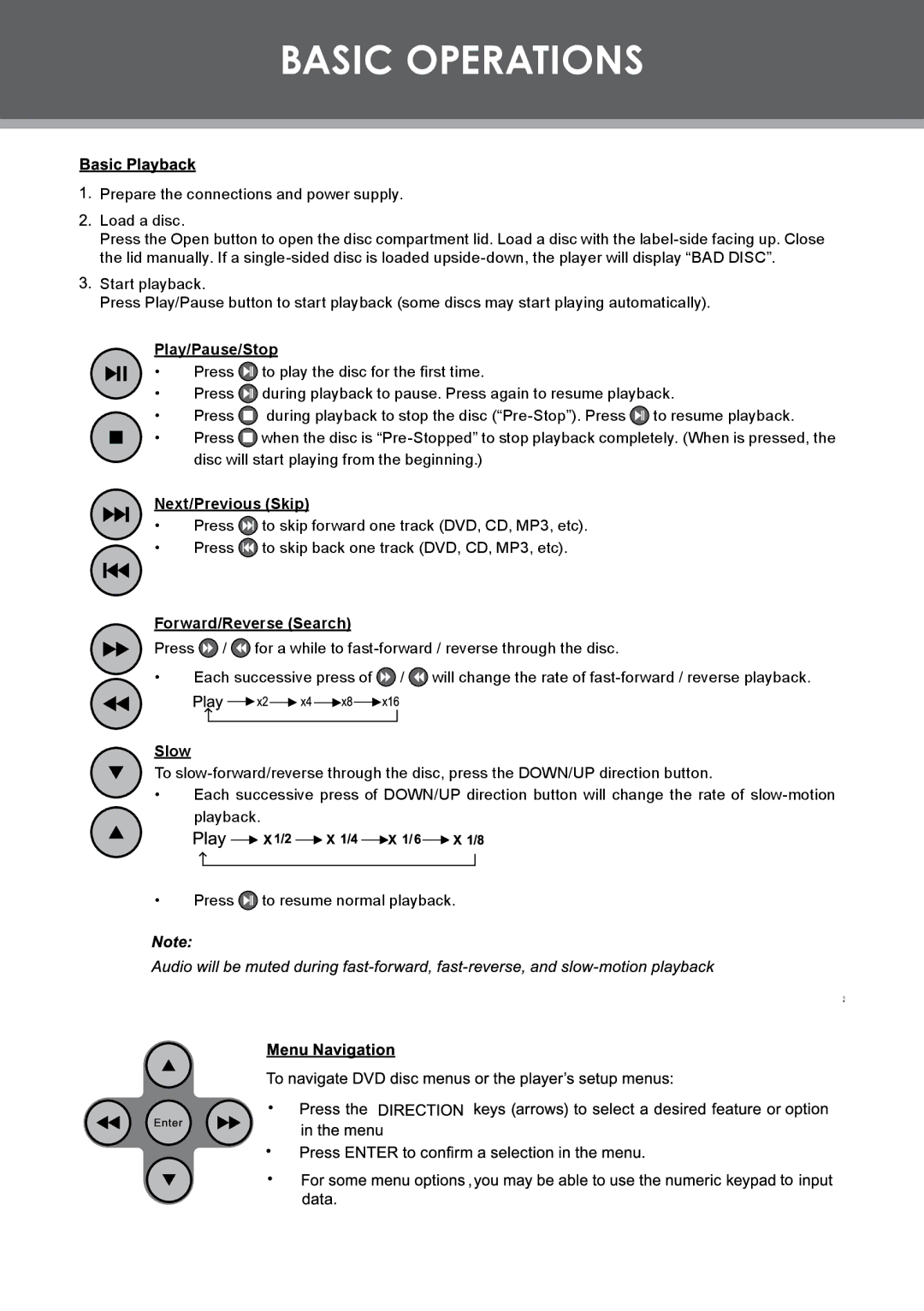 COBY electronic TF-DVD7309 Basic Operations, Play/Pause/Stop, Next/Previous Skip, Forward/Reverse Search, Slow 