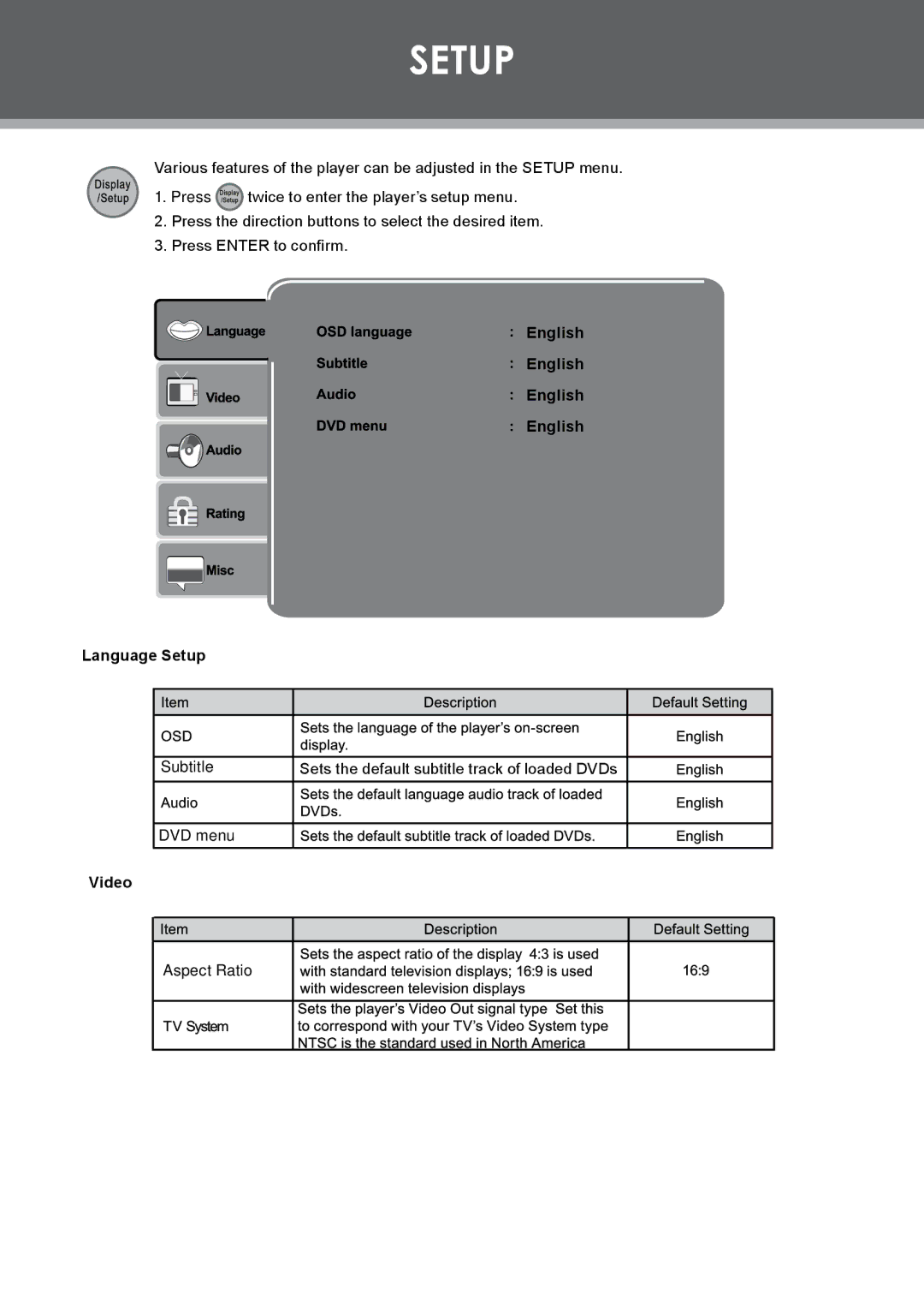 COBY electronic TF-DVD7309 instruction manual English Language Setup, Video 