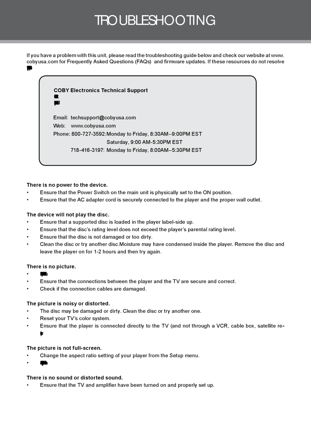 COBY electronic TF-DVD7309 instruction manual Troubleshooting 