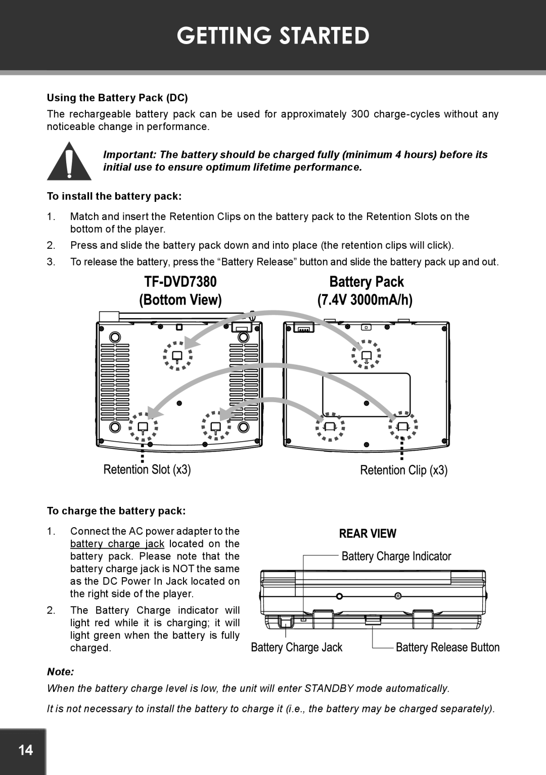 COBY electronic TF-DVD7380 Using the Battery Pack DC, To install the battery pack, To charge the battery pack 