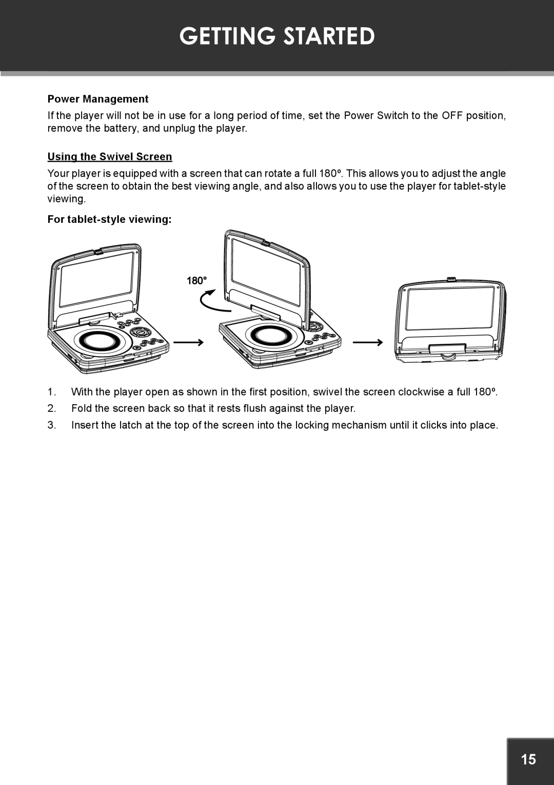 COBY electronic TF-DVD7380 instruction manual Power Management, Using the Swivel Screen, For tablet-style viewing 