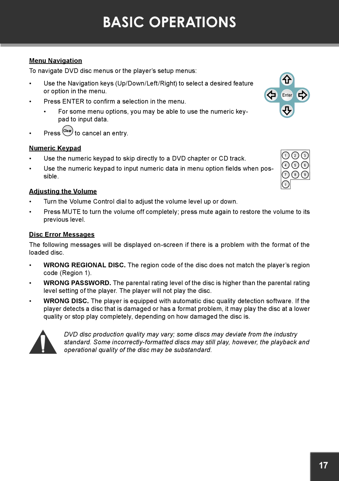COBY electronic TF-DVD7380 instruction manual Menu Navigation, Numeric Keypad, Adjusting the Volume, Disc Error Messages 