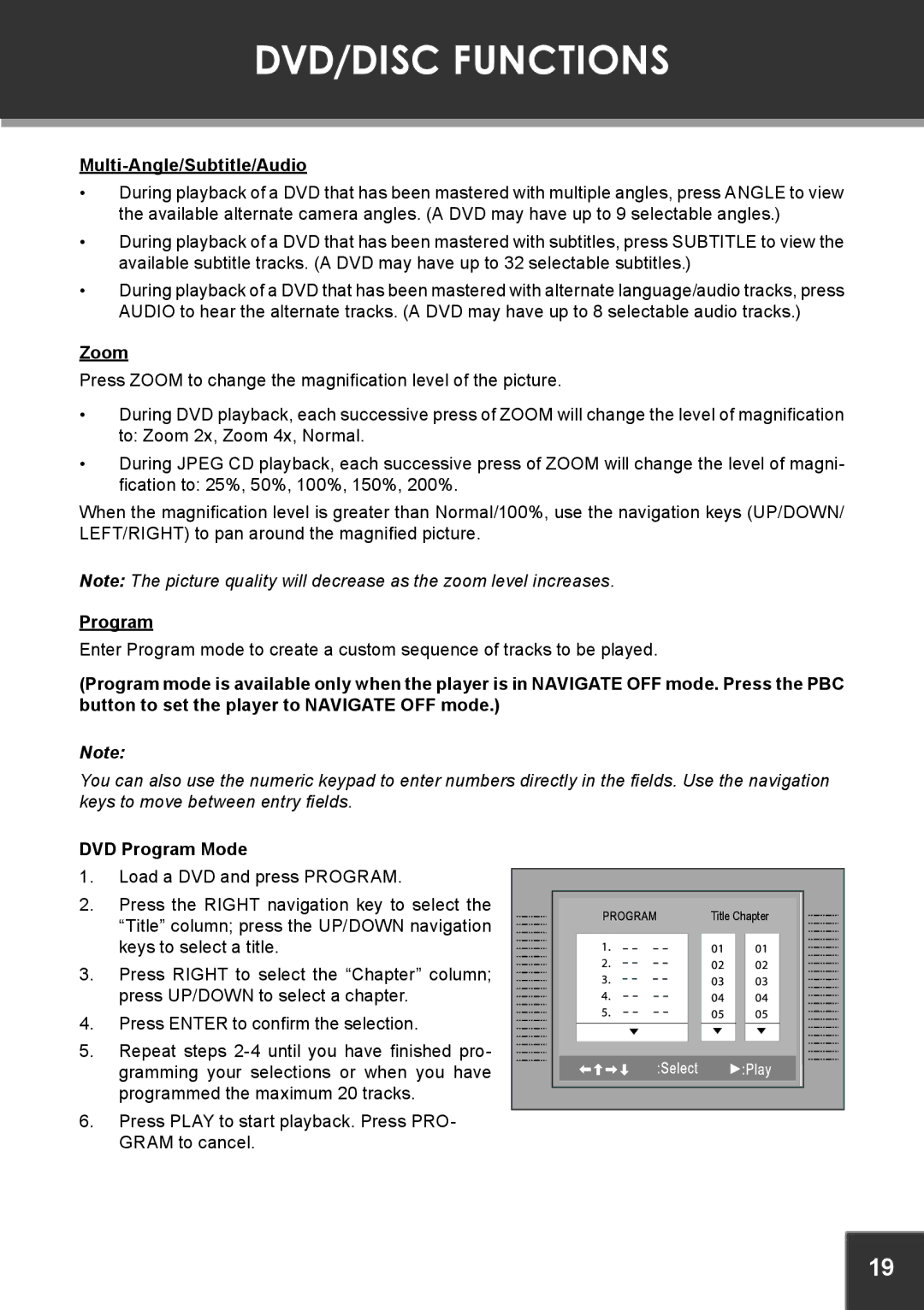 COBY electronic TF-DVD7380 instruction manual Multi-Angle/Subtitle/Audio, Zoom, DVD Program Mode 