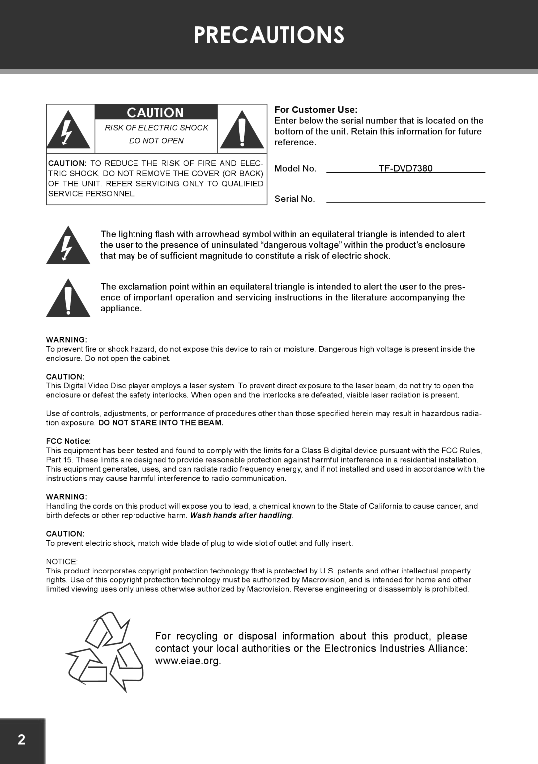 COBY electronic TF-DVD7380 instruction manual Precautions, For Customer Use 